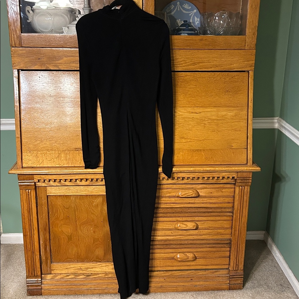 Zara Black Draped Sheath Long Sleeve Ruched Mock Neck Dress with Side Slit Glam - Picture 3 of 14